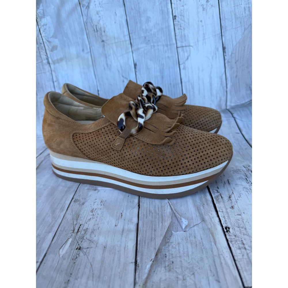 Softwaves Tan Suede Perforated Platform Loafers with Chain & Fringe Detail